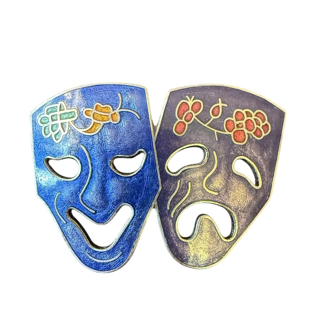 UNIQUE VINTAGE COMEDY TRAGEDY MASKS CLOISONNE ENAMEL BROOCH